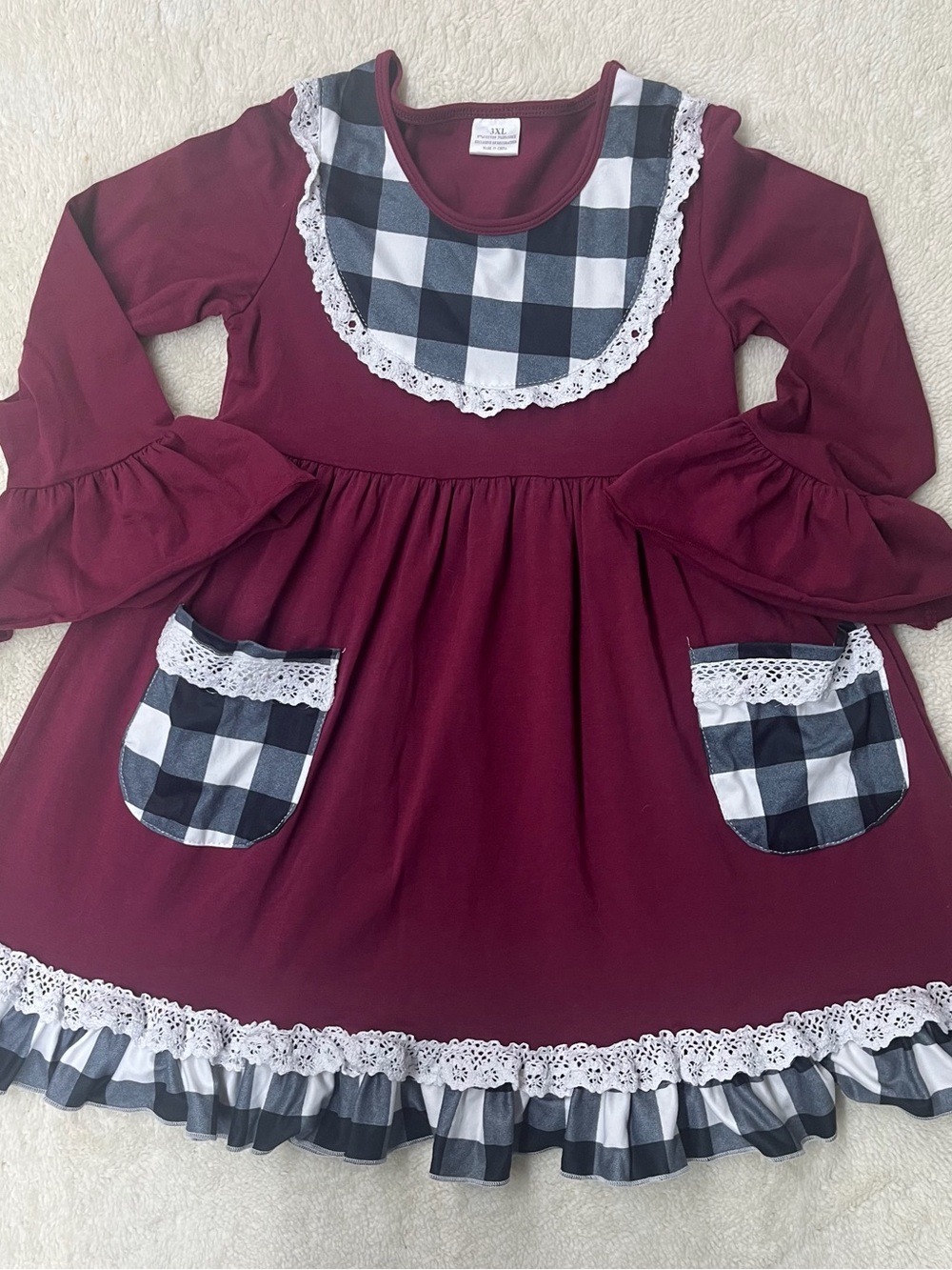 Girls Burgundy Check Ruffle Dress with Lace Trim